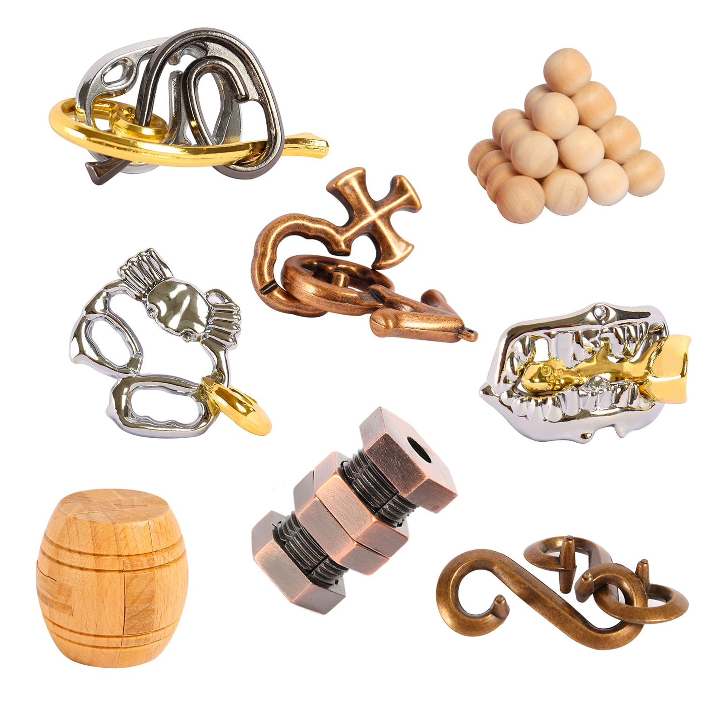 8 Pcs Brain Teaser Puzzles Favor Educational Toys Mind Puzzles Ancient Wooden and Metal 3D Unlock Interlock IQ Puzzles Box Game