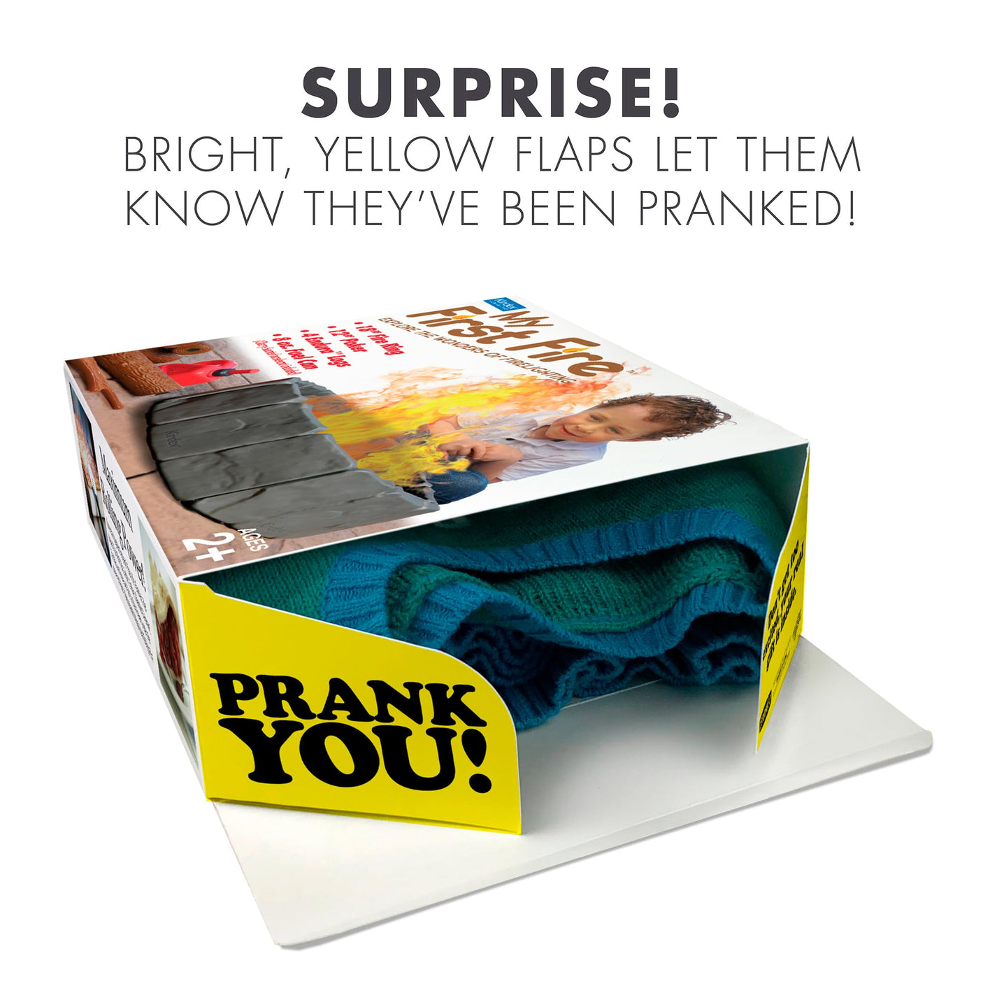 Prank-O My First Fire Prank Gift Box – Empty Box for Wrapping Real Presents – Hilarious Fake Packaging for Birthdays, Christmas, and Holidays – Fun Gag Gift Box for Men, Women, and Kids