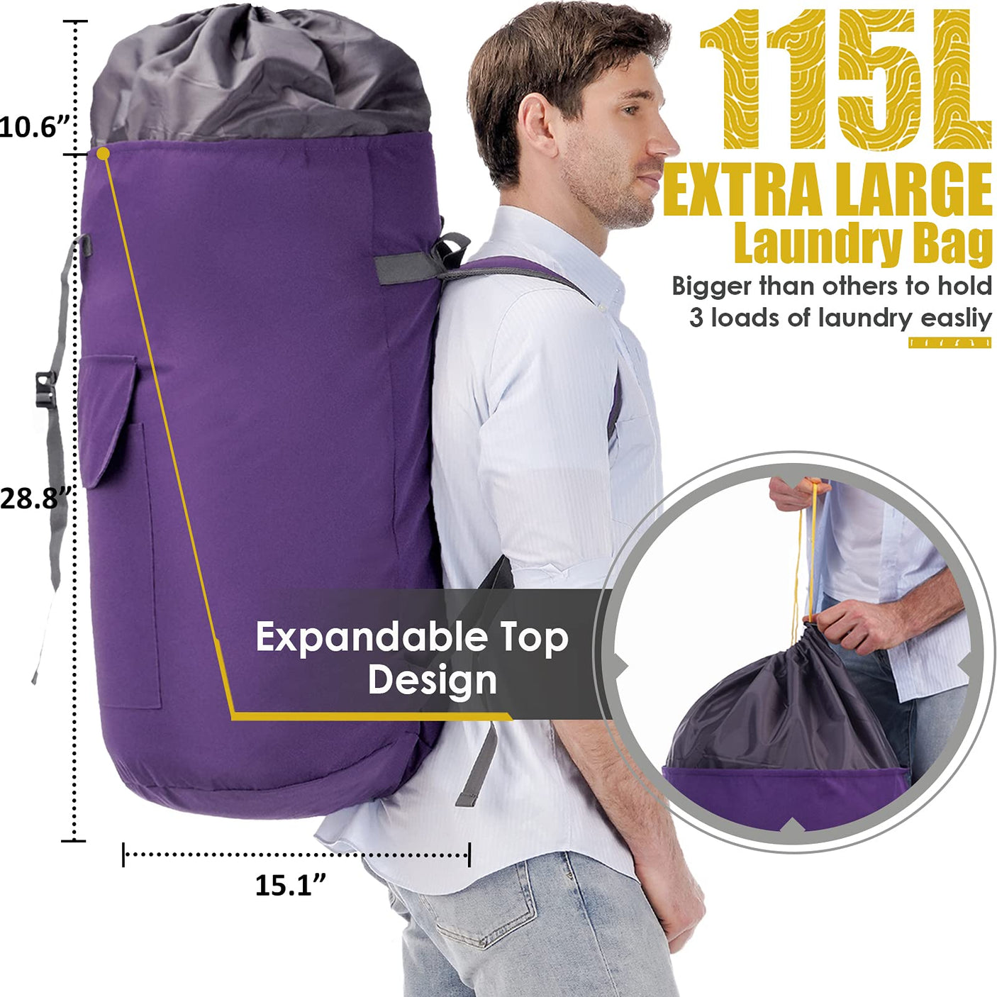 Laundry Bag Backpack Extra Large, 115L Laundry Backpack with Padded Shoulder Strap, Sturdy Travel Laundry Bags, Hanging Laundry Bag for College Dorm, Apartment, Clothes Hamper Bag for Laundromat