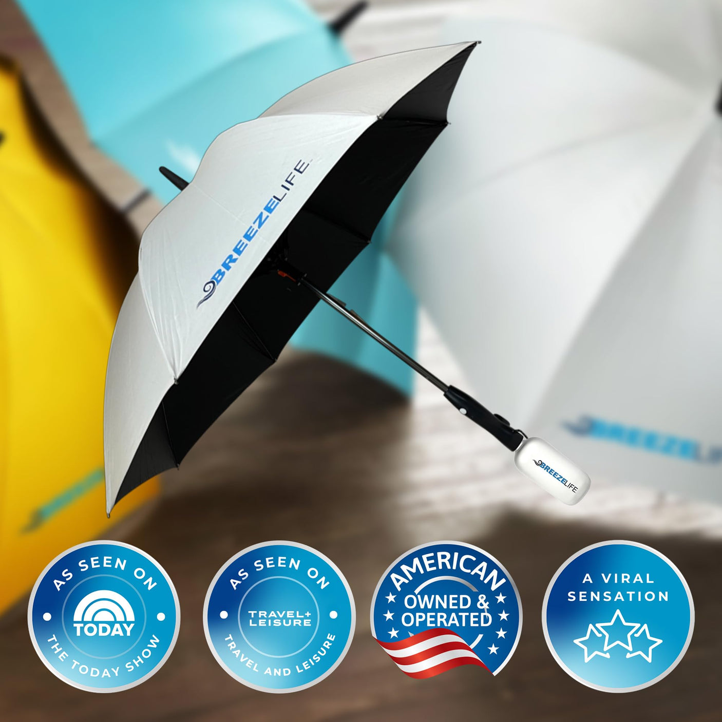 Original Mister Breeze, Sun Umbrella with Fan and Mister, Umbrella Mister with Built-in Fan for Festivals, Beach and More, Blocks Harmful Sun Rays, Mist bottle included, Silver