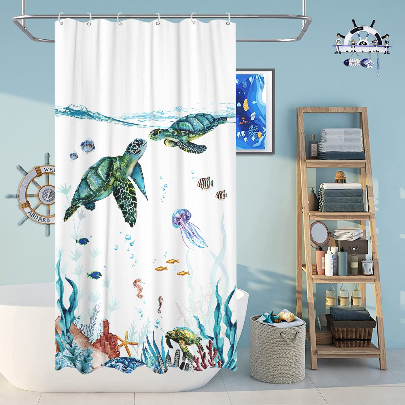 Fowocu Funny Cat Shower Curtain Set Teal Blue Sea Ocean Waterproof Fabric Shower Curtains with Animal Octopus Starfish Turtle Anchor Fish Nautical Bathroom Decor (Blue, 72''×72'')