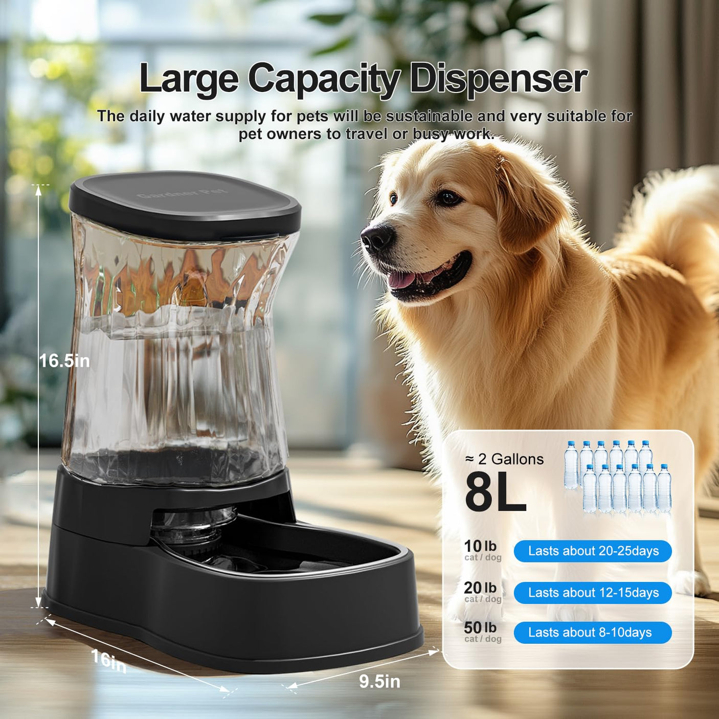Gardner Pet Automatic Dog Water Dispenser Gravity Stainless Steel Water Waterer Feeder, 100% BPA-Free Large Capacity Water Feeding Bowls for Medium & Large-Sized Dogs Cats Other Pets -(1 Gallon)