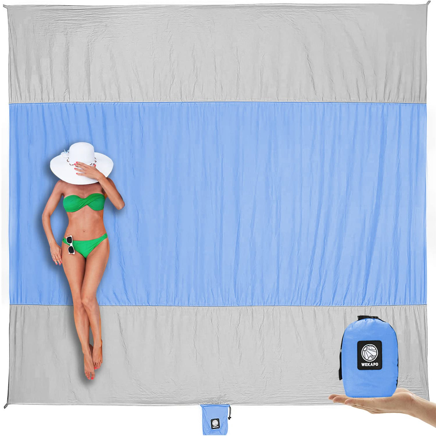 WEKAPO Beach Blanket Sandproof Waterproof, Extra Large Beach Mat, Oversized & Compact Sand Free Mat Quick Drying, Lightweight & Durable with 6 Stakes & 4 Corner Pockets