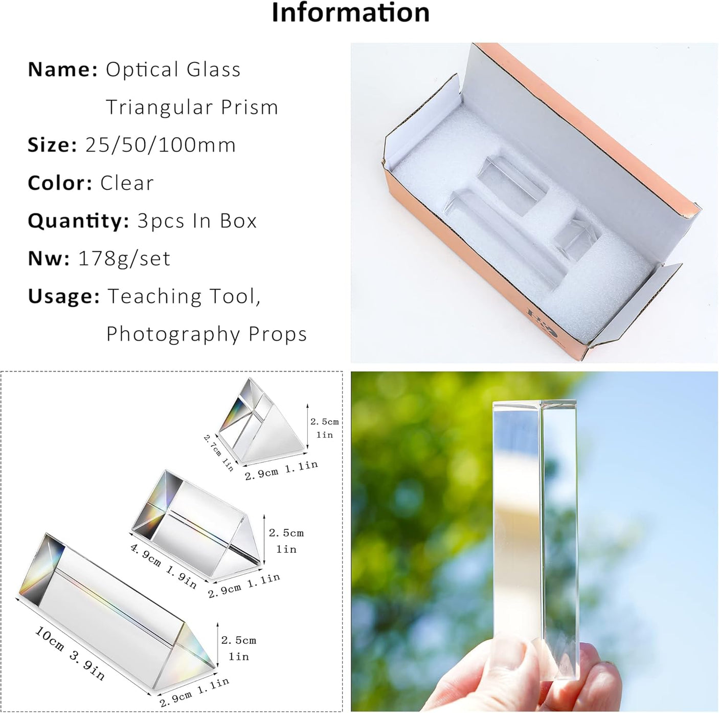 3pc Equilateral CrystalPrisms Set -1",2" & 4" Lengths Crystal Triangular Prism Optical Prisms Glass Physics Teaching Refracted Light Spectrum Rainbow Maker Photography Props