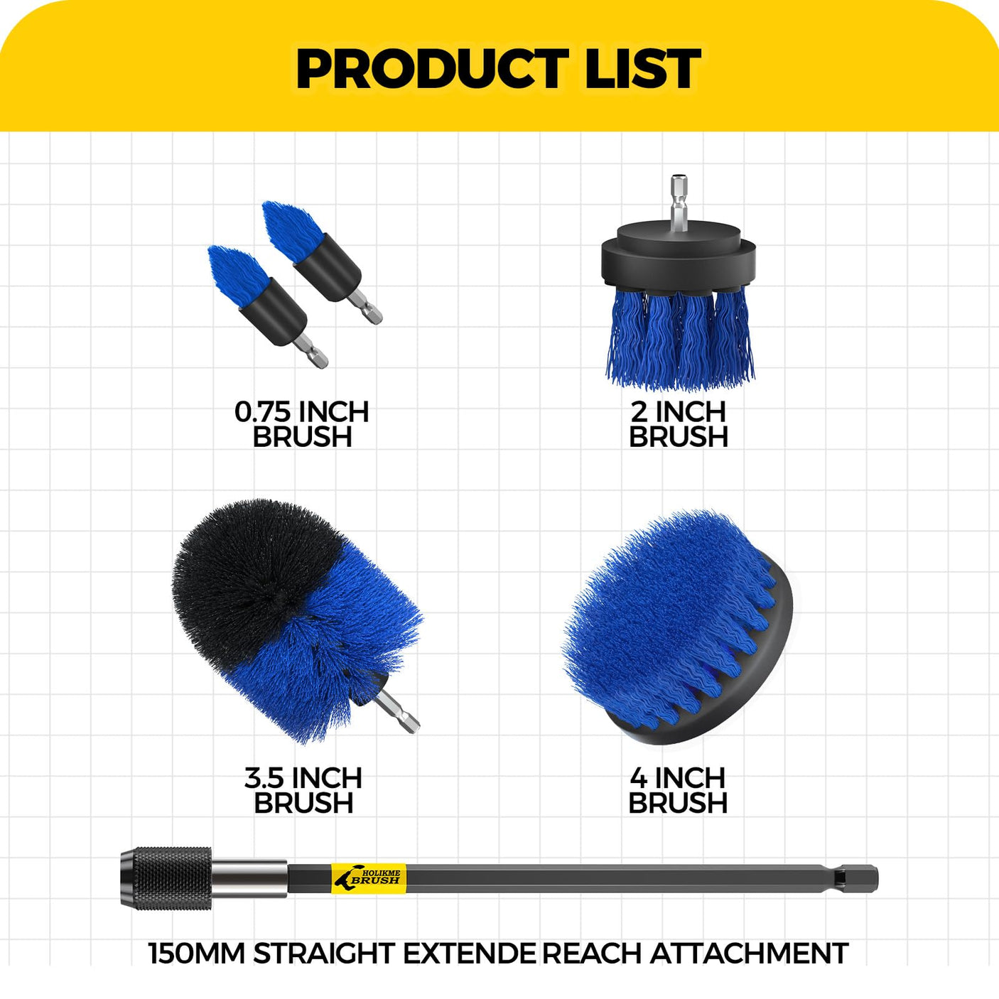 Holikme 6Pack Drill Brush Power Scrubber Cleaning Brush Extended Long Attachment Set All Purpose Drill Scrub Brushes Kit for Grout, Floor, Tub, Bathroom and Kitchen Surface,Scratch Brushes(Yellow)