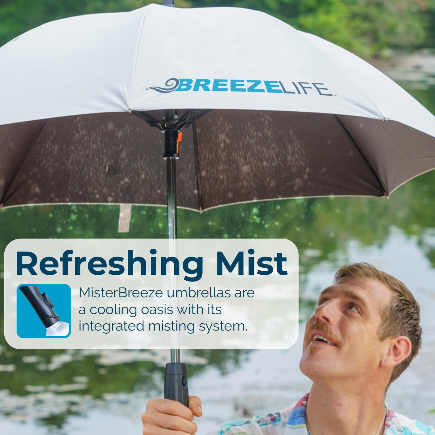 Original Mister Breeze, Sun Umbrella with Fan and Mister, Umbrella Mister with Built-in Fan for Festivals, Beach and More, Blocks Harmful Sun Rays, Mist bottle included, Silver