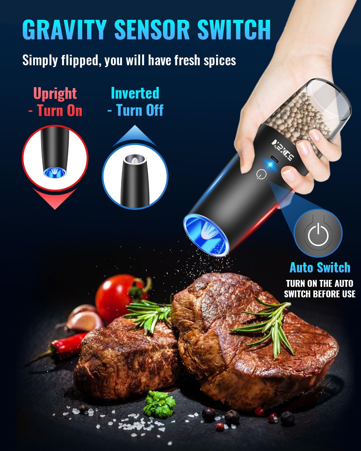 Gravity Electric Pepper and Salt Grinder Set, Salt and Pepper Mill & Adjustable Coarseness, Battery Powered with LED Light, One Hand Automatic Operation, Stainless Steel (Set/Silver)
