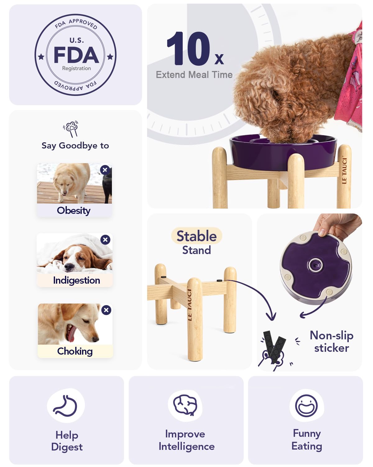 LE TAUCI Dog Bowls Slow Feeder Ceramic, 1.5 Cups Slow Feeding Dog Bowl Small Medium Breed, Puppy Slow Feeder Bowl for Fast Eater, Dog Dishes to Slow Down Eating, Puzzle Dog Food Bowl, Maze Purple