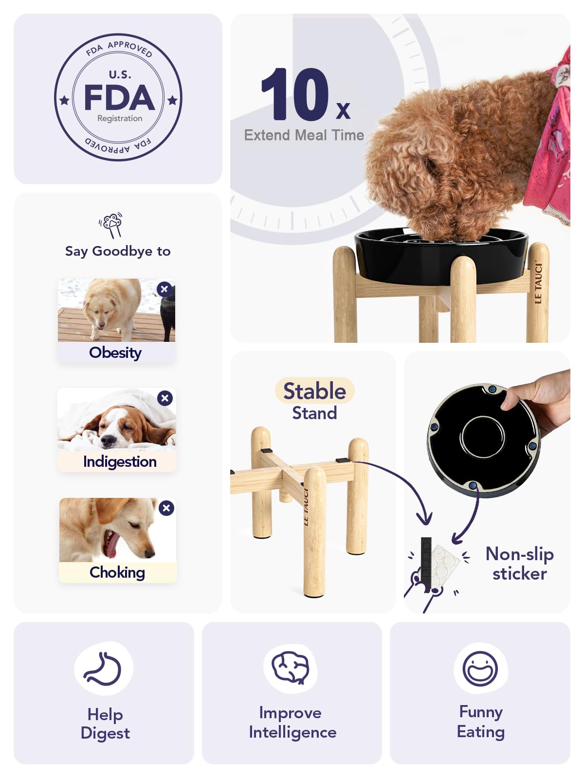 LE TAUCI Dog Bowls Slow Feeder Ceramic, 1.5 Cups Slow Feeding Dog Bowl Small Medium Breed, Puppy Slow Feeder Bowl for Fast Eater, Dog Dishes to Slow Down Eating, Puzzle Dog Food Bowl, Maze Purple