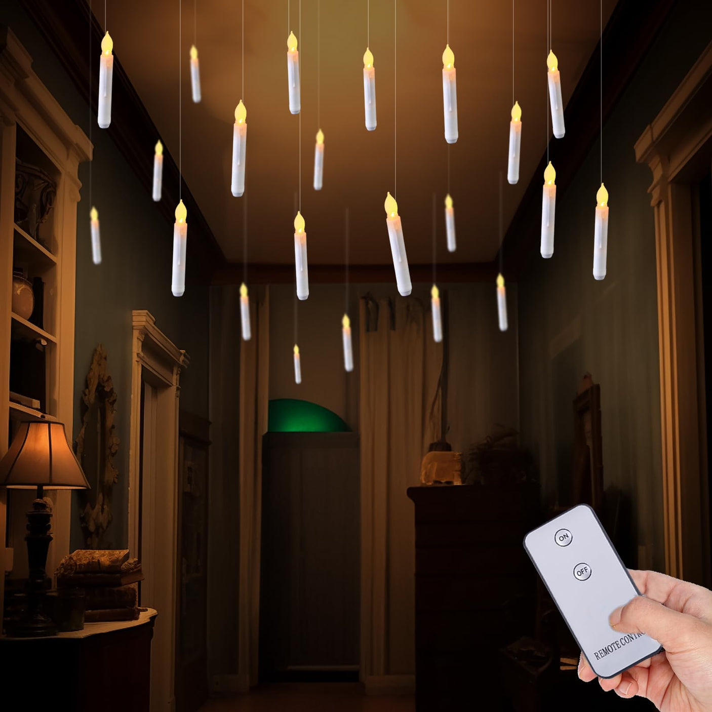 20 Pcs Floating Candles with Wand, Hanging Candles with Timer, Magic Deco Candles Flickering Warm Light, Flameless Taper Candles with Wand Remote, LED Candlesticks for Birthday Halloween Party Decor