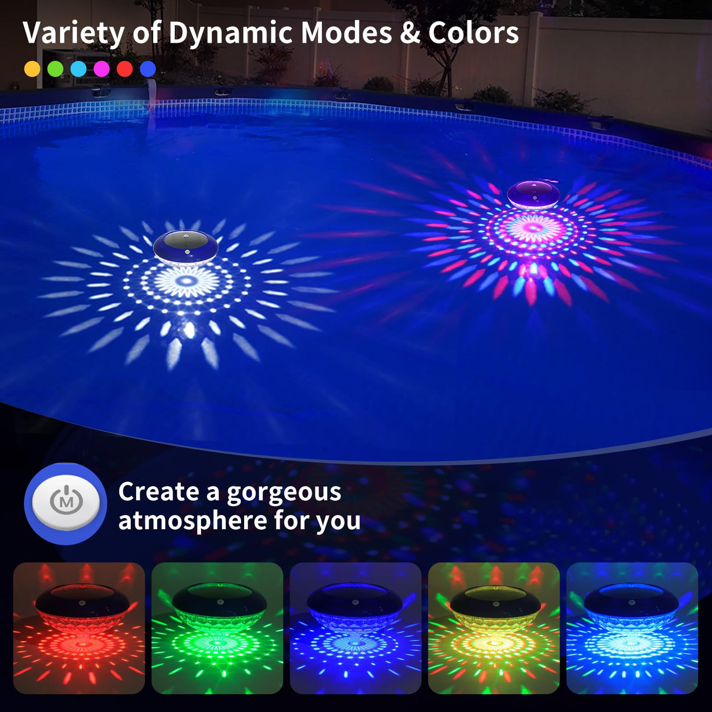 FirstE Solar Floating Pool Lights, RGB Color Changing Pool Floating Light, IP68 Waterproof LED Solar Pool Lights That Float, Hangable Auto ON Off for Above In Ground Pools Wedding Party Decoration (2)