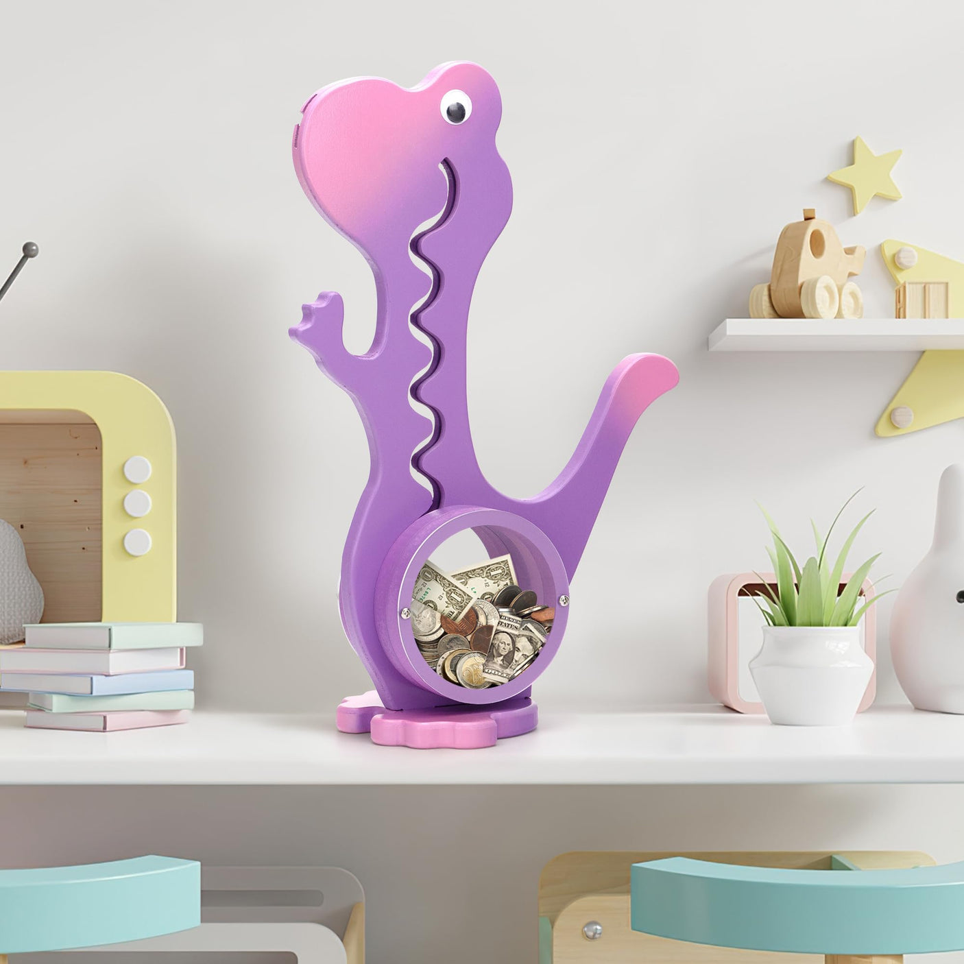 Wooden Dinosaur Piggy Bank Boalord for Boys Kids Girls Clear Big Belly Animal Coin Bank for Toddler Real Money Toy(Dino-Blue)