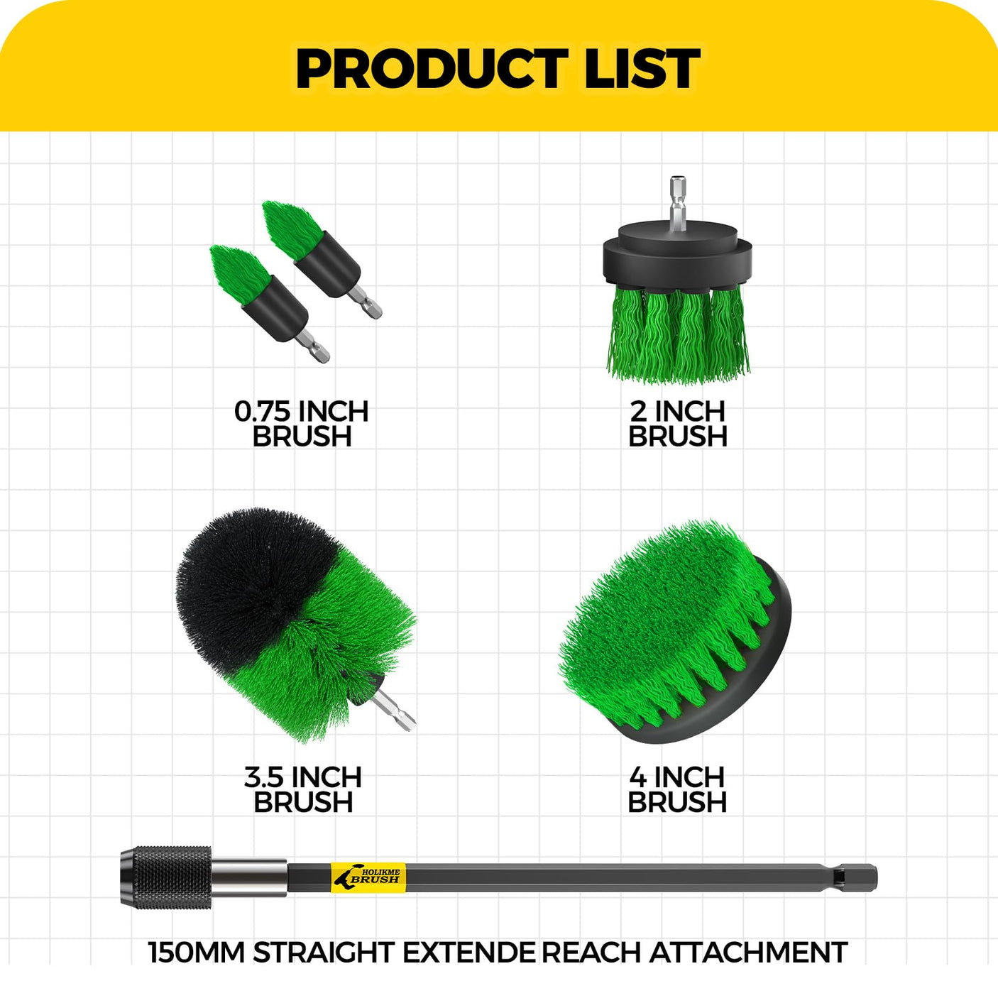 Holikme 6Pack Drill Brush Power Scrubber Cleaning Brush Extended Long Attachment Set All Purpose Drill Scrub Brushes Kit for Grout, Floor, Tub, Bathroom and Kitchen Surface,Scratch Brushes(Yellow)