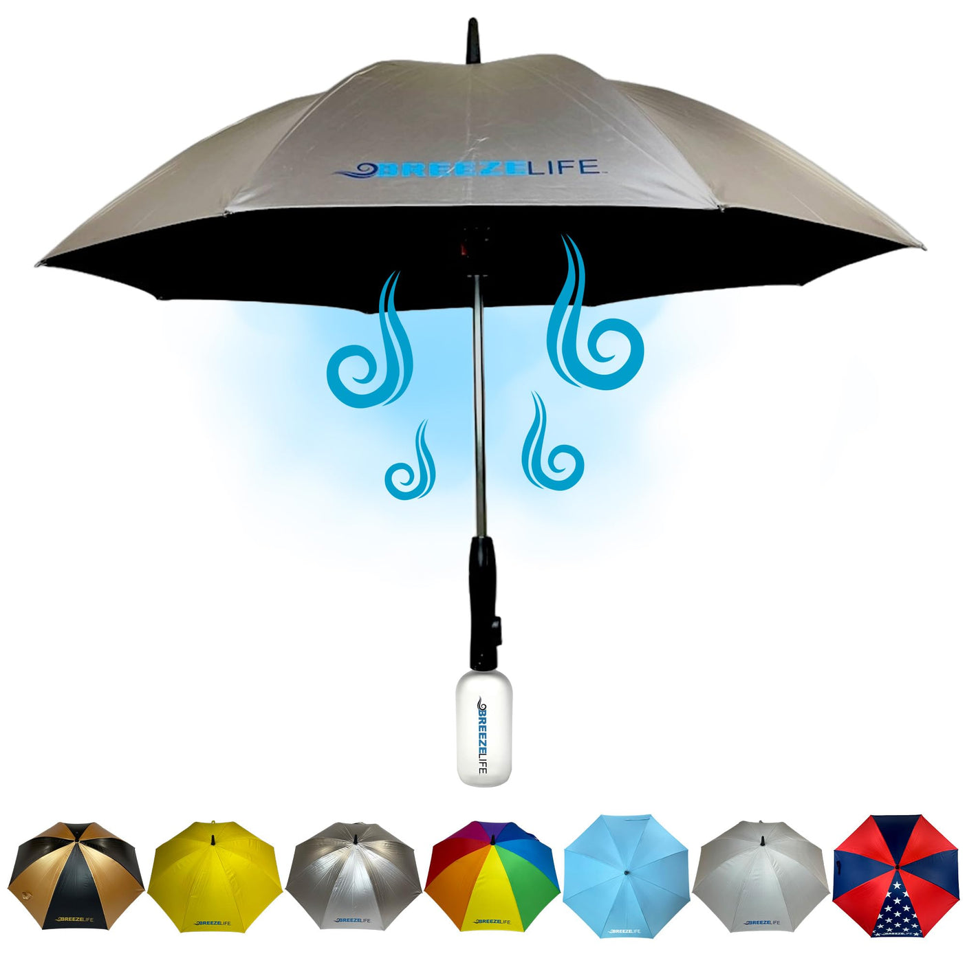 Original Mister Breeze, Sun Umbrella with Fan and Mister, Umbrella Mister with Built-in Fan for Festivals, Beach and More, Blocks Harmful Sun Rays, Mist bottle included, Silver