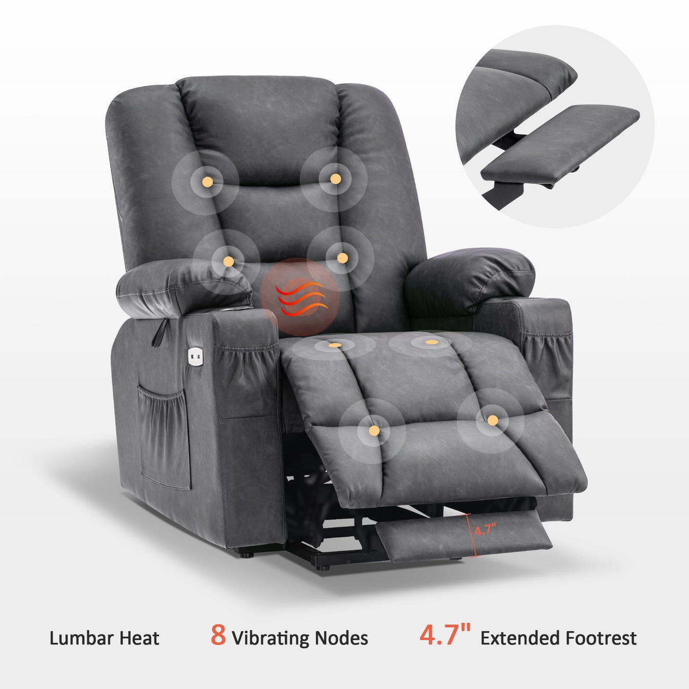 MCombo Power Lift Recliner Chair for Elderly, Lift Chair with Heat and Massage, USB Ports, Cup Holders, Faux Leather 7519 (Medium, Dark Brown)