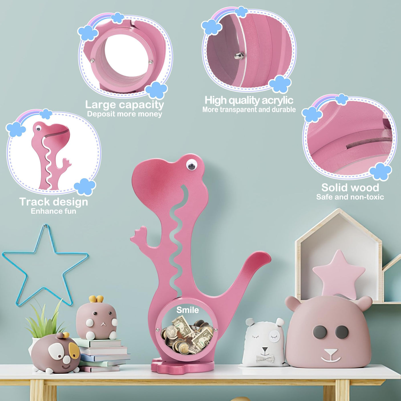 Wooden Dinosaur Piggy Bank Boalord for Boys Kids Girls Clear Big Belly Animal Coin Bank for Toddler Real Money Toy(Dino-Blue)