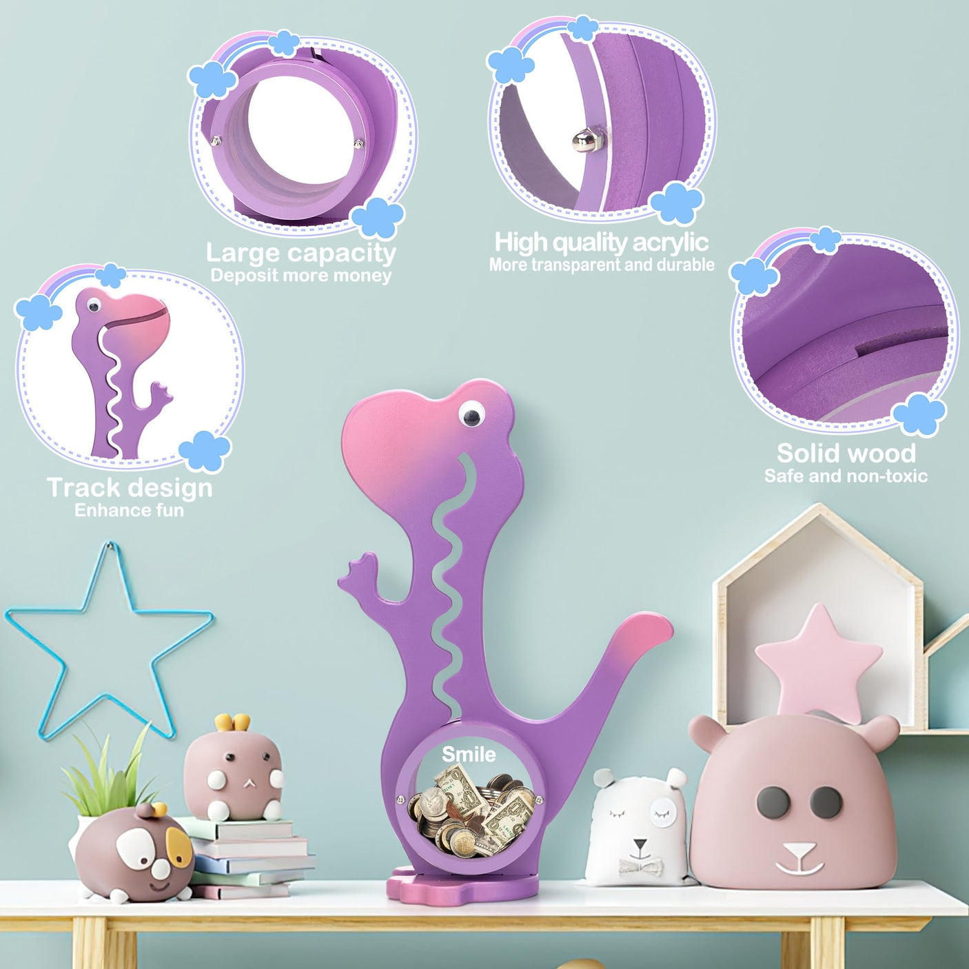 Wooden Dinosaur Piggy Bank Boalord for Boys Kids Girls Clear Big Belly Animal Coin Bank for Toddler Real Money Toy(Dino-Blue)