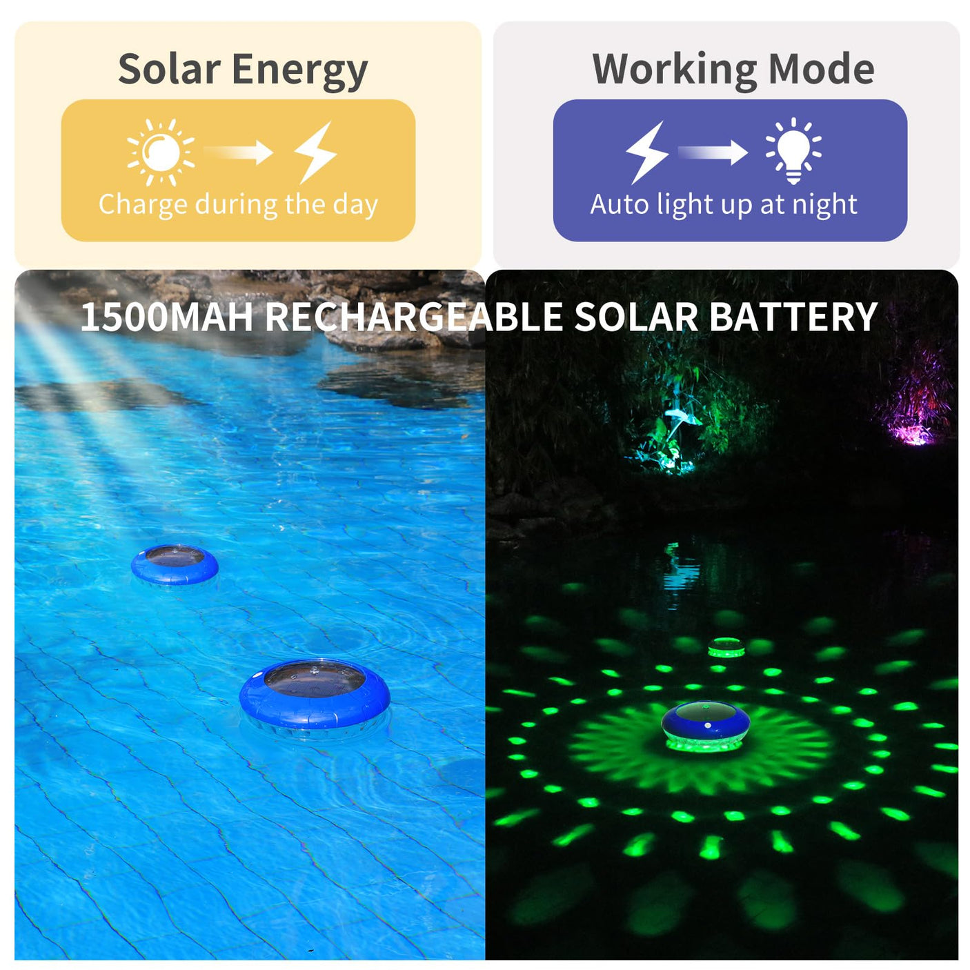 FirstE Solar Floating Pool Lights, RGB Color Changing Pool Floating Light, IP68 Waterproof LED Solar Pool Lights That Float, Hangable Auto ON Off for Above In Ground Pools Wedding Party Decoration (2)