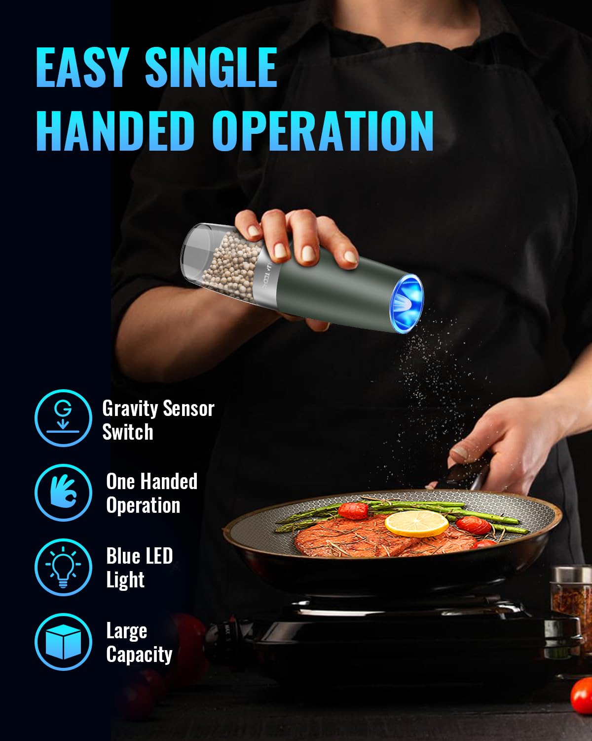 Gravity Electric Pepper and Salt Grinder Set, Salt and Pepper Mill & Adjustable Coarseness, Battery Powered with LED Light, One Hand Automatic Operation, Stainless Steel (Set/Silver)