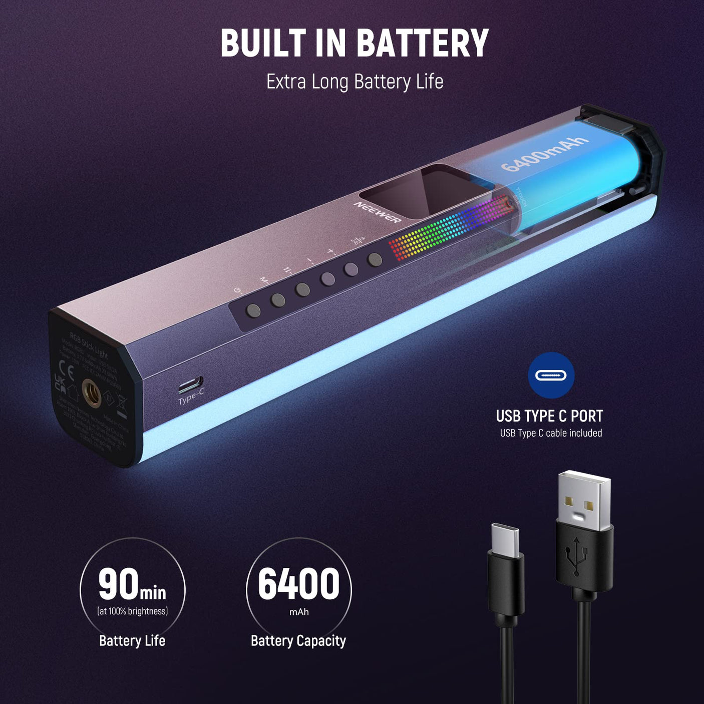 NEEWER RGB LED Video Light Stick, Touch Bar & APP Control, Magnetic Handheld Photography Lighting Wand, Dimmable 3200K~5600K CRI98+ Full Color LED Light with 6400mAh Battery, 17 Scenes, RGB1