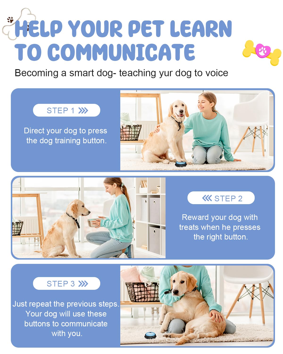 Dog Buttons for Communication, 8 Pcs Dog Talking Button Set, 30s Recordable Voice Pet Buzzer Training Buttons, Speaking Button for Dogs with Waterproof Anti-Slip Dog Button Mat and 48 Scene Stickers