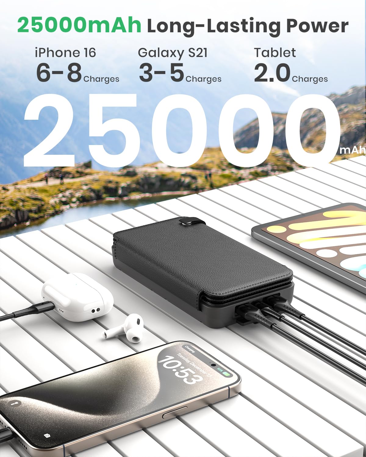 Hiluckey Solar Charger 25000mAh, Outdoor USB C Portable Power Bank with 4 Solar Panels, 3A Fast Charge External Battery Pack with 3 USB Outputs Compatible with Smartphones, Tablets, etc.