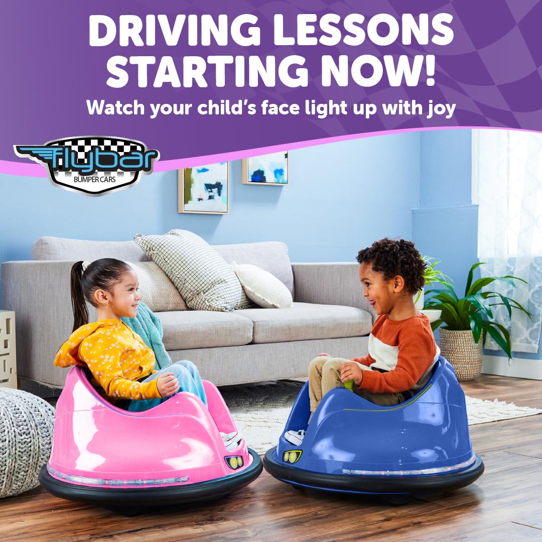 Flybar 6V Blue Glow Bumper Car for Kids – LED Ride-On Toy with 360° Spin, Rechargeable Battery, and Soft Rubber Bumpers – Safe Indoor Fun for Toddlers Ages 1.5+, Up to 66 lbs