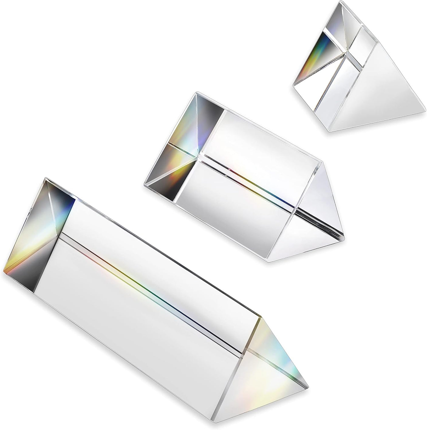 3pc Equilateral CrystalPrisms Set -1",2" & 4" Lengths Crystal Triangular Prism Optical Prisms Glass Physics Teaching Refracted Light Spectrum Rainbow Maker Photography Props