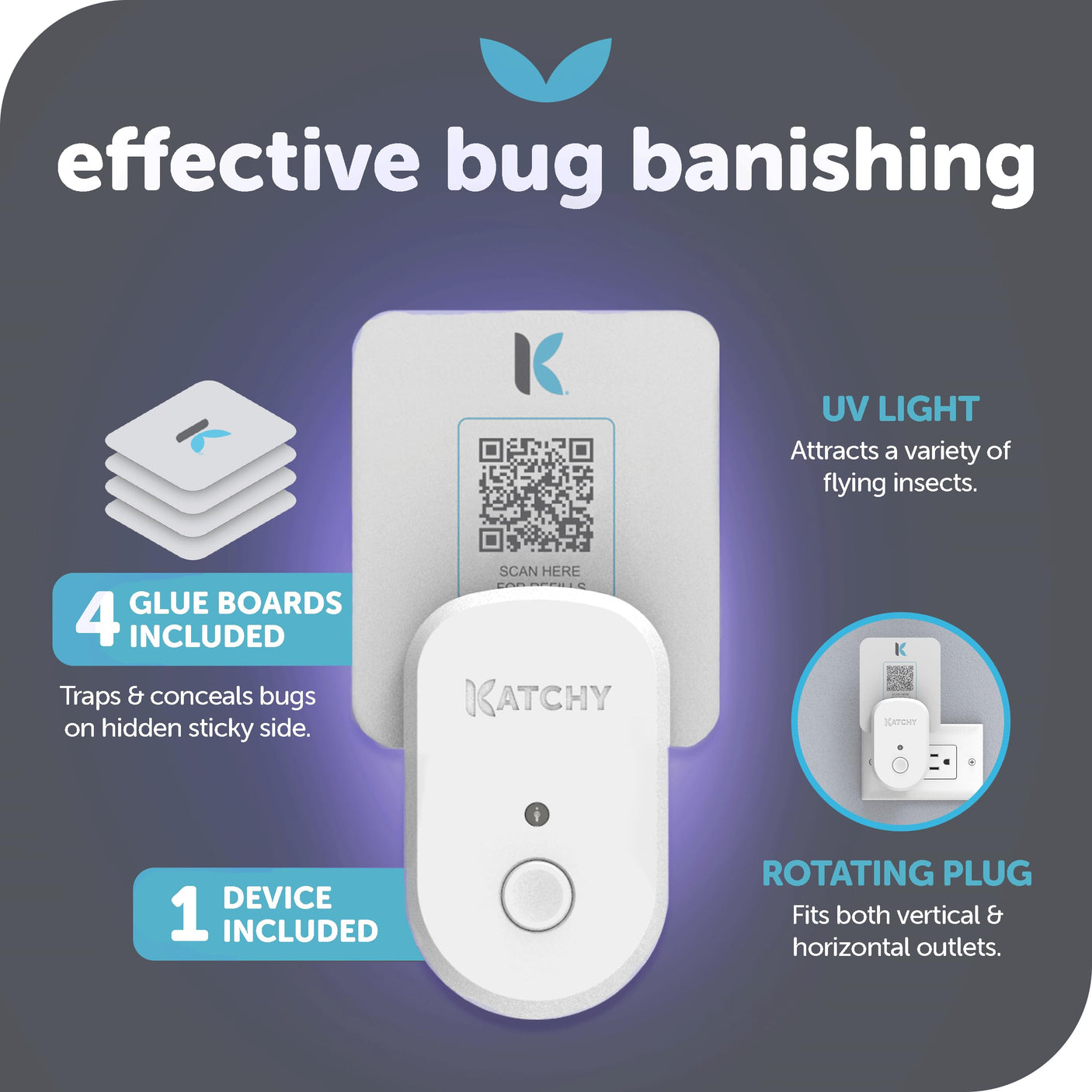 Katchy Indoor Insect Trap - Catcher & Killer for Mosquitos, Gnats, Moths, Fruit Flies - Non-Zapper Traps for Inside Your Home - Catch Insects Indoors with Suction, Bug Light & Sticky Glue (Black)