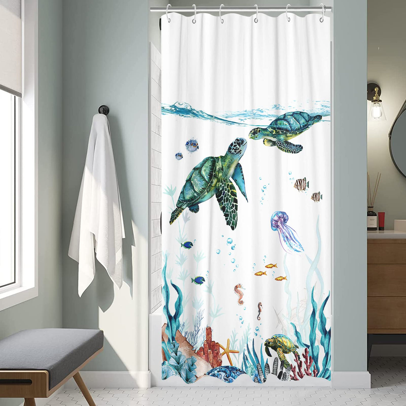 Fowocu Funny Cat Shower Curtain Set Teal Blue Sea Ocean Waterproof Fabric Shower Curtains with Animal Octopus Starfish Turtle Anchor Fish Nautical Bathroom Decor (Blue, 72''×72'')