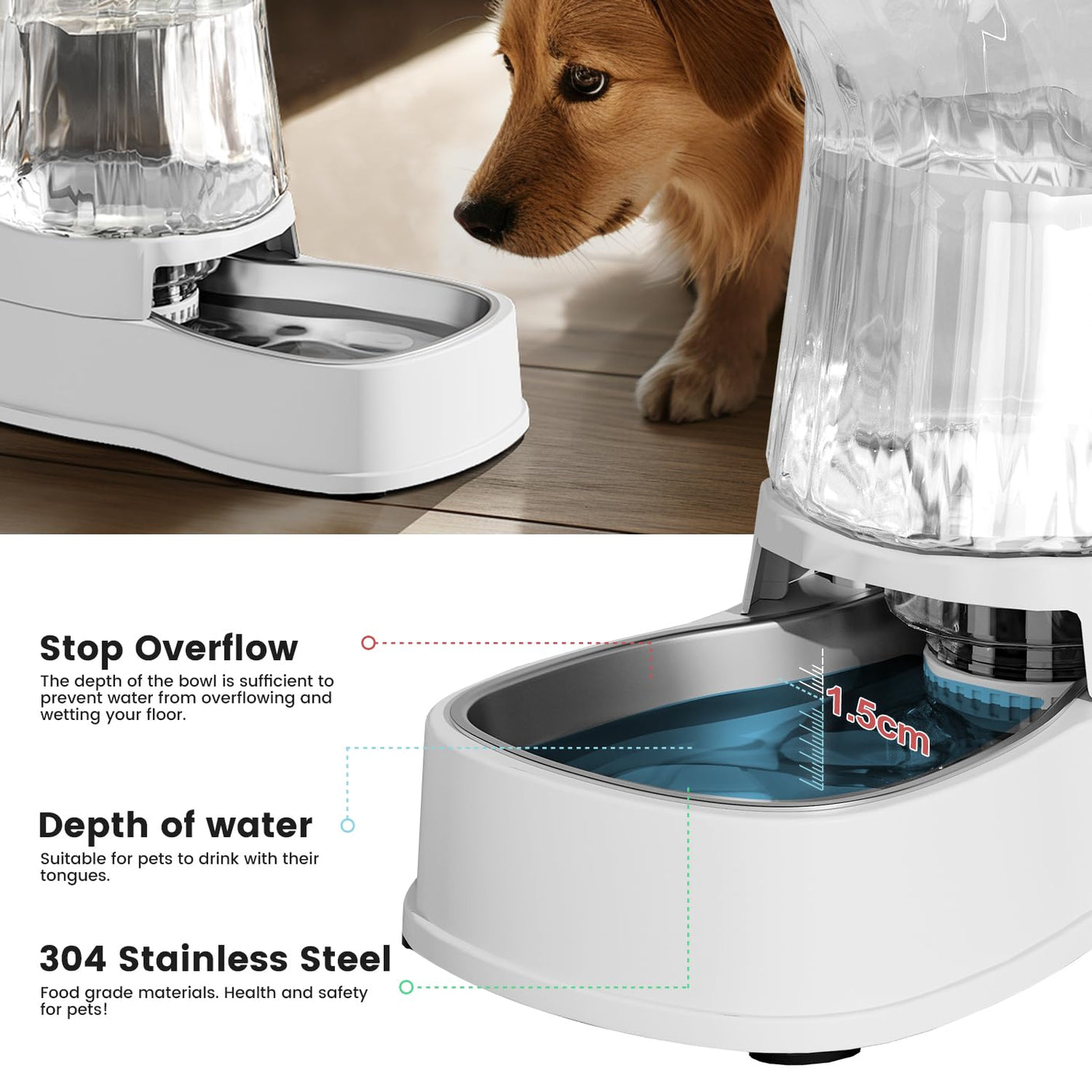 Gardner Pet Automatic Dog Water Dispenser Gravity Stainless Steel Water Waterer Feeder, 100% BPA-Free Large Capacity Water Feeding Bowls for Medium & Large-Sized Dogs Cats Other Pets -(1 Gallon)