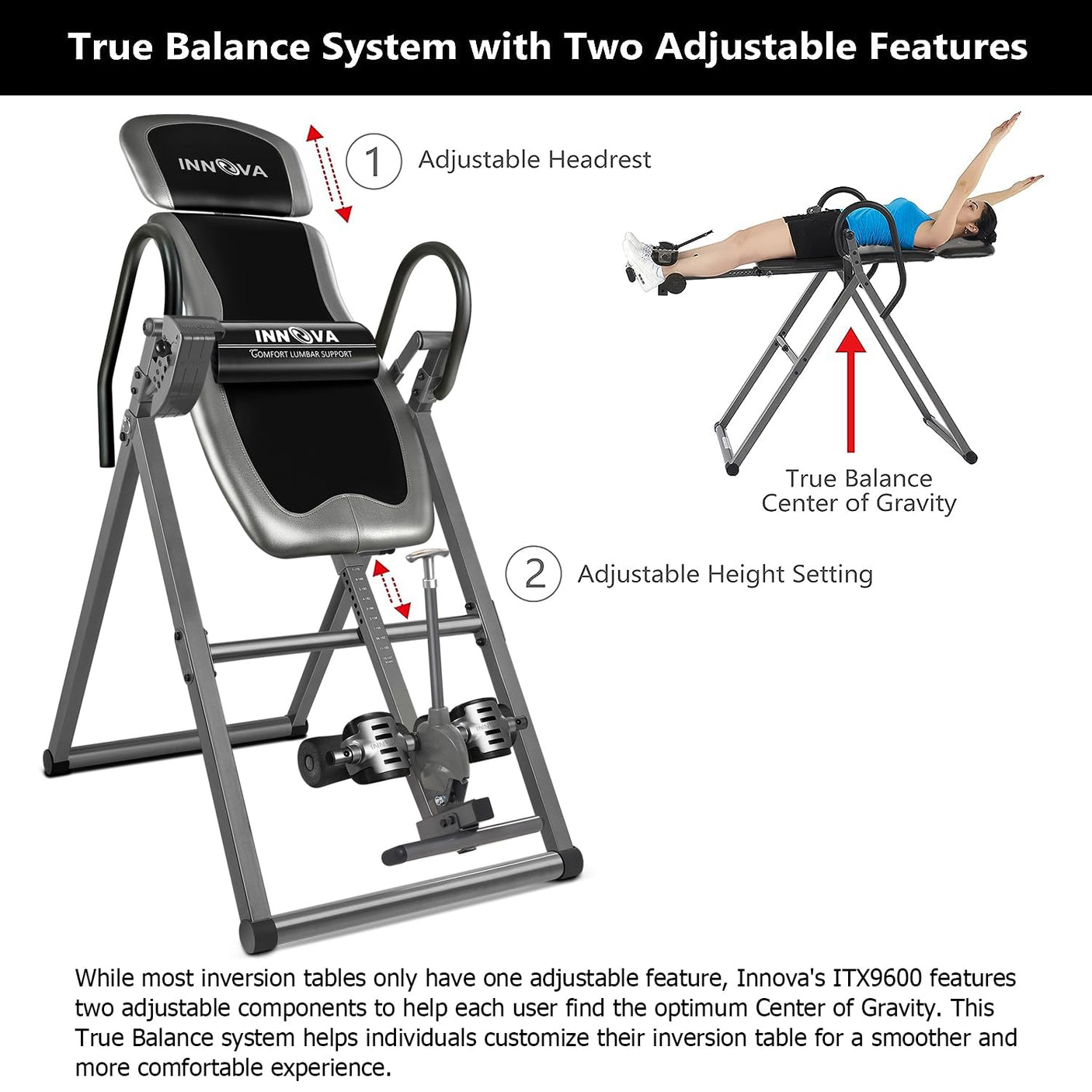 Innova Inversion Table with Adjustable Headrest, Reversible Ankle Holders, and 300 lb Weight Capacity