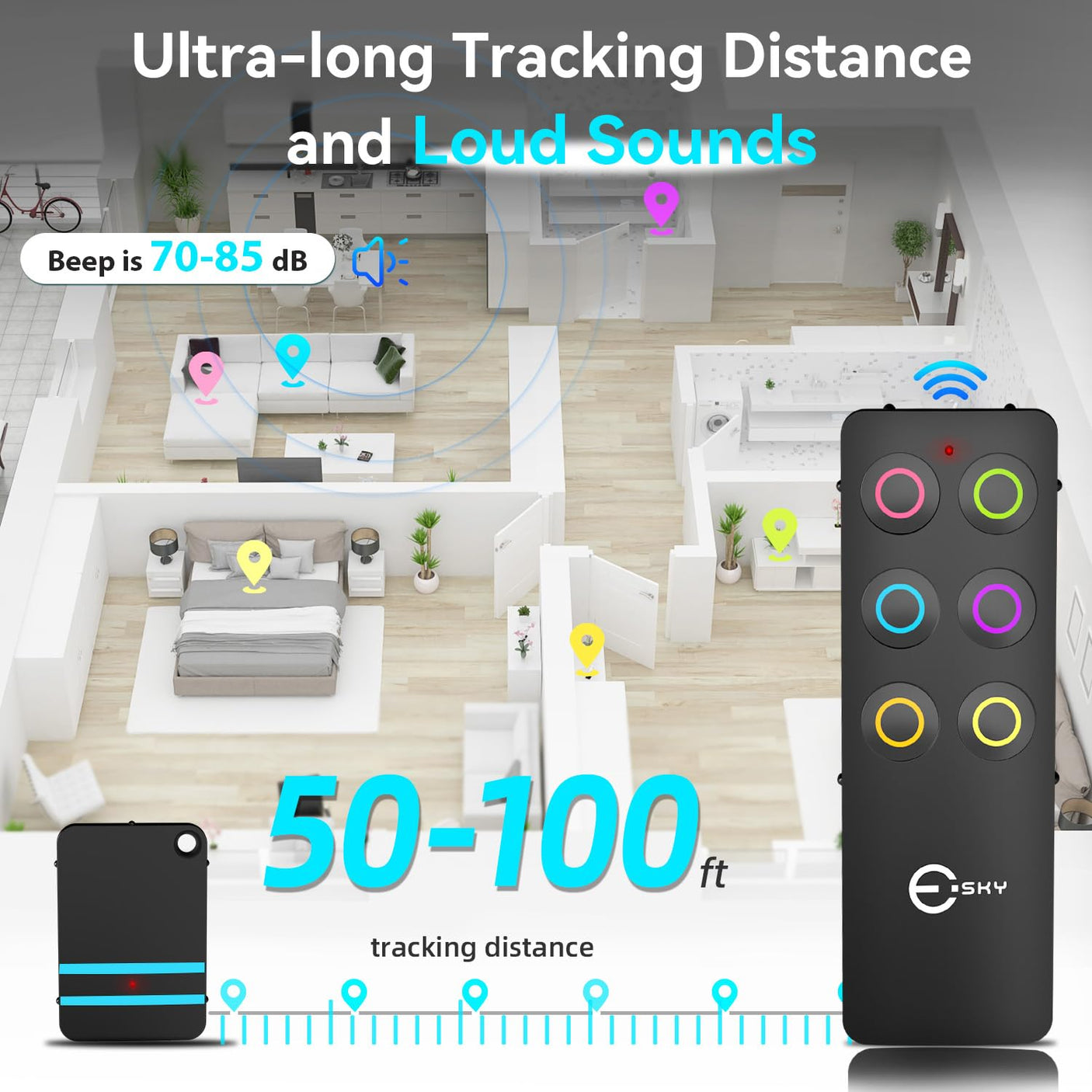 Esky Key Finder Locator with Sound, Stick-on TV Remote Control Finder, Item Locator Tags with 85dB Noise Sound 6 Receivers, Wallet Tracker Key Finders for Finding Keys, Remote Gift Idea