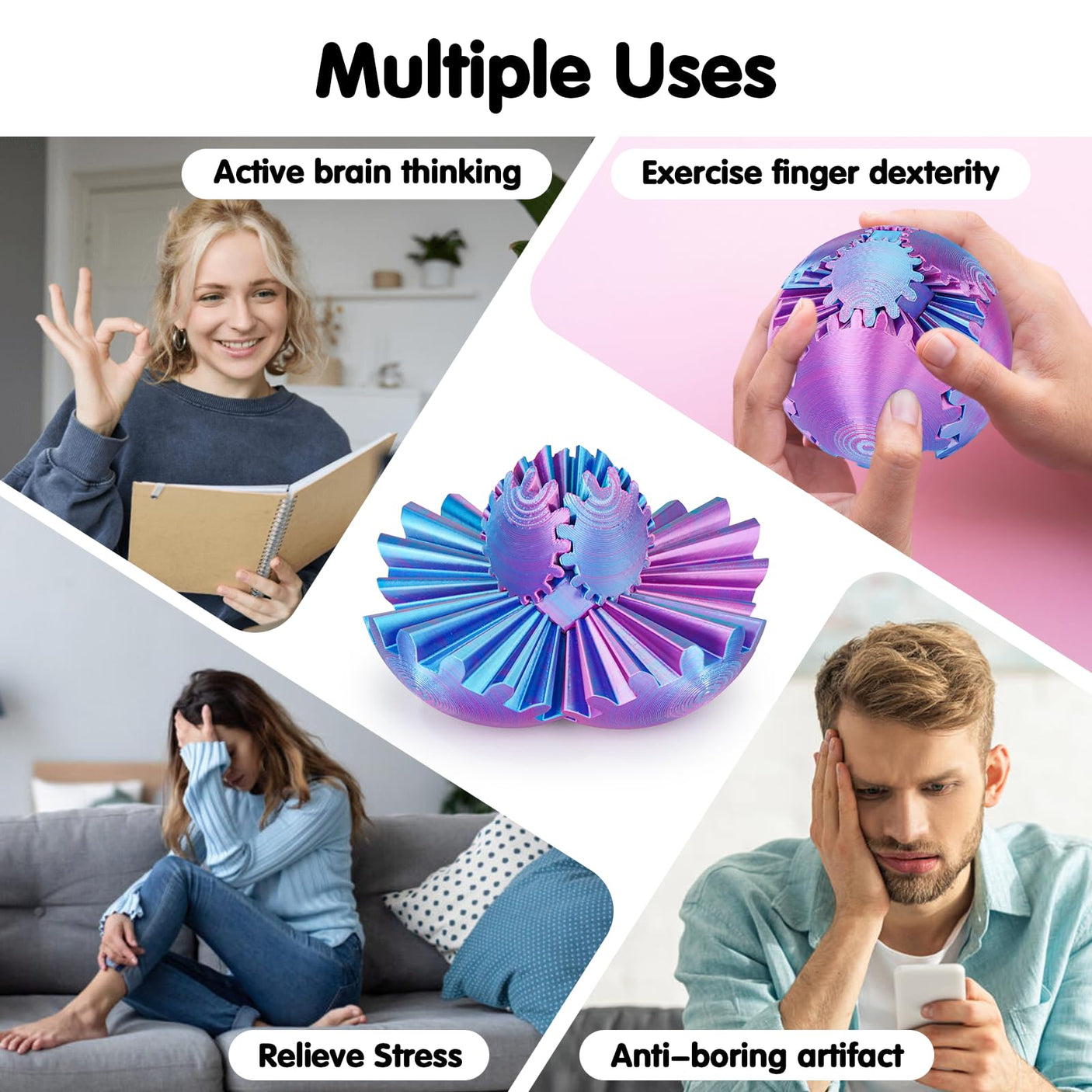 Gear Ball 3D Printed Cube Fidget Toy,Gear Sphere Fidget Toys,Sensory Toys for Stress and Anxiety Relief, Desk Toy Fidget Spinners,Stocking Stuffers for Adults & Kids Gift(Blue Green, 3.1 Inch)