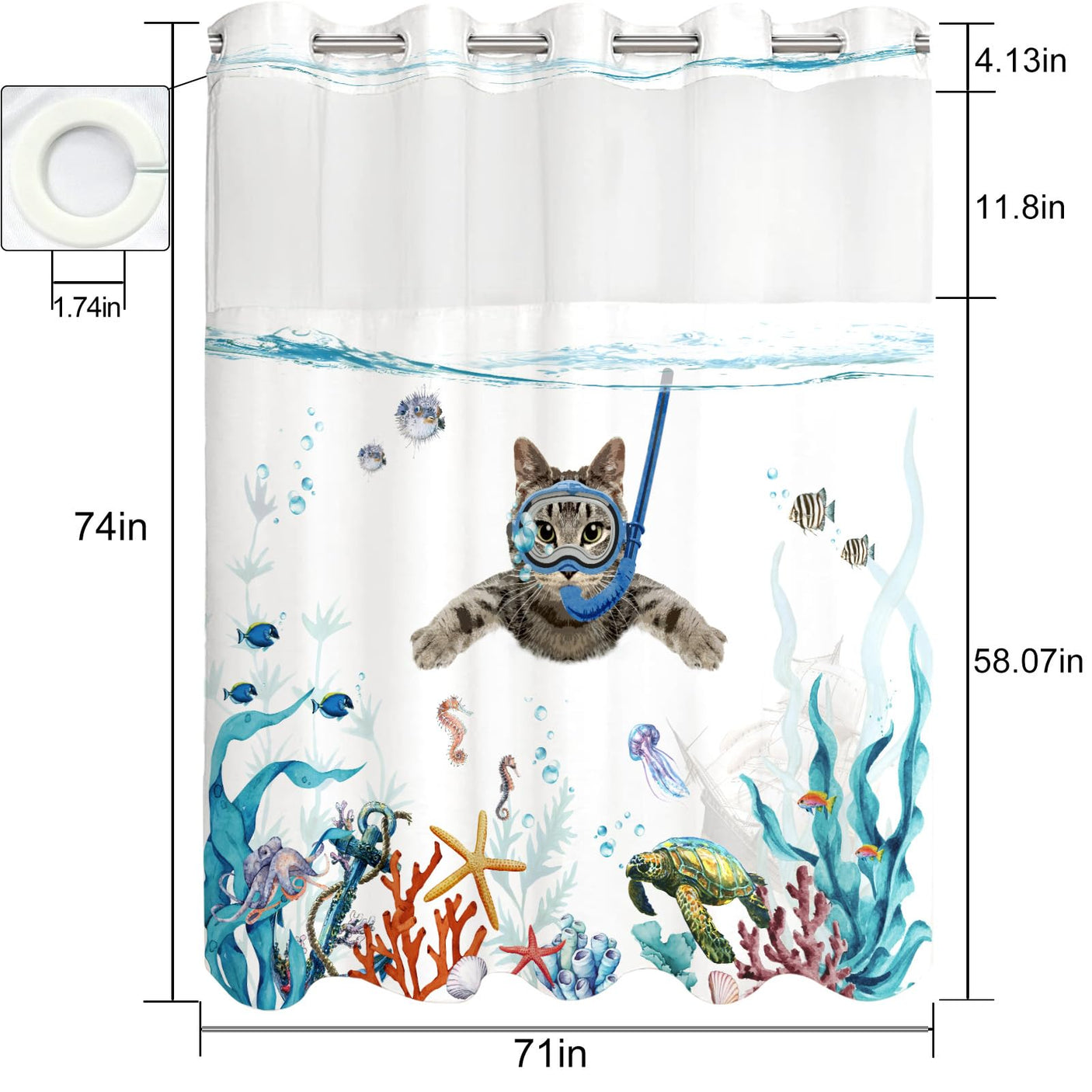 Fowocu Funny Cat Shower Curtain Set Teal Blue Sea Ocean Waterproof Fabric Shower Curtains with Animal Octopus Starfish Turtle Anchor Fish Nautical Bathroom Decor (Blue, 72''×72'')