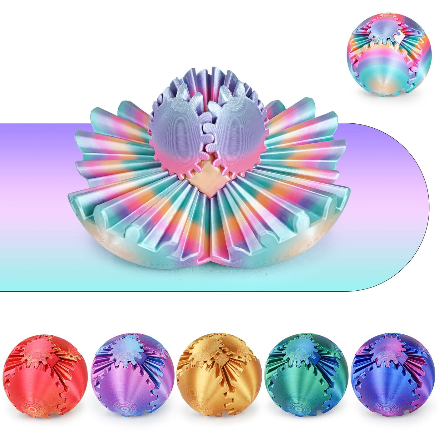 Gear Ball 3D Printed Cube Fidget Toy,Gear Sphere Fidget Toys,Sensory Toys for Stress and Anxiety Relief, Desk Toy Fidget Spinners,Stocking Stuffers for Adults & Kids Gift(Blue Green, 3.1 Inch)