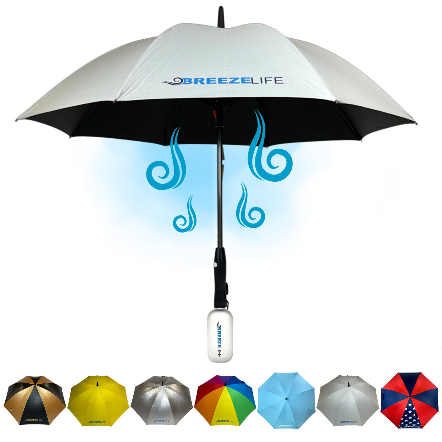 Original Mister Breeze, Sun Umbrella with Fan and Mister, Umbrella Mister with Built-in Fan for Festivals, Beach and More, Blocks Harmful Sun Rays, Mist bottle included, Silver