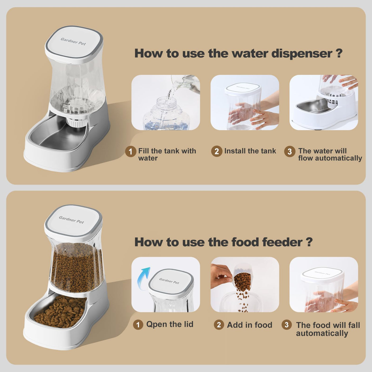 Gardner Pet Automatic Dog Water Dispenser Gravity Stainless Steel Water Waterer Feeder, 100% BPA-Free Large Capacity Water Feeding Bowls for Medium & Large-Sized Dogs Cats Other Pets -(1 Gallon)