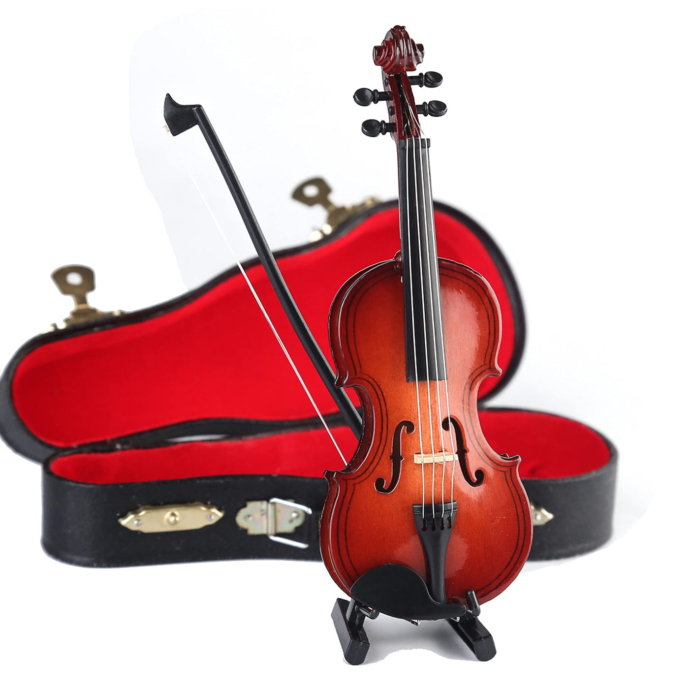 Wooden Miniature Violin with Stand, Bow and Case Mini Musical Instrument Violin Replica Collectible Figurines Dollhouse Accessories Model Home Decoration Display Ornament (3.15"x1.18"x0.59")
