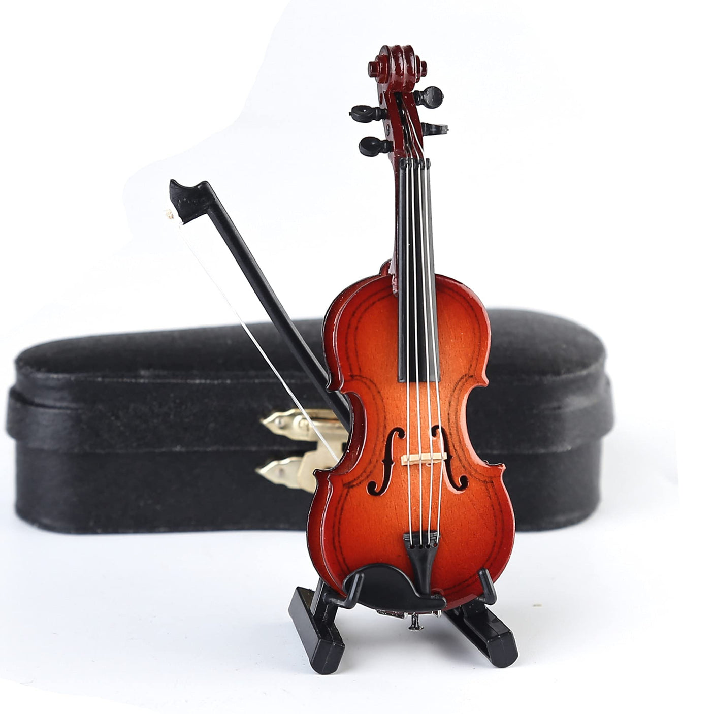 Wooden Miniature Violin with Stand, Bow and Case Mini Musical Instrument Violin Replica Collectible Figurines Dollhouse Accessories Model Home Decoration Display Ornament (3.15"x1.18"x0.59")