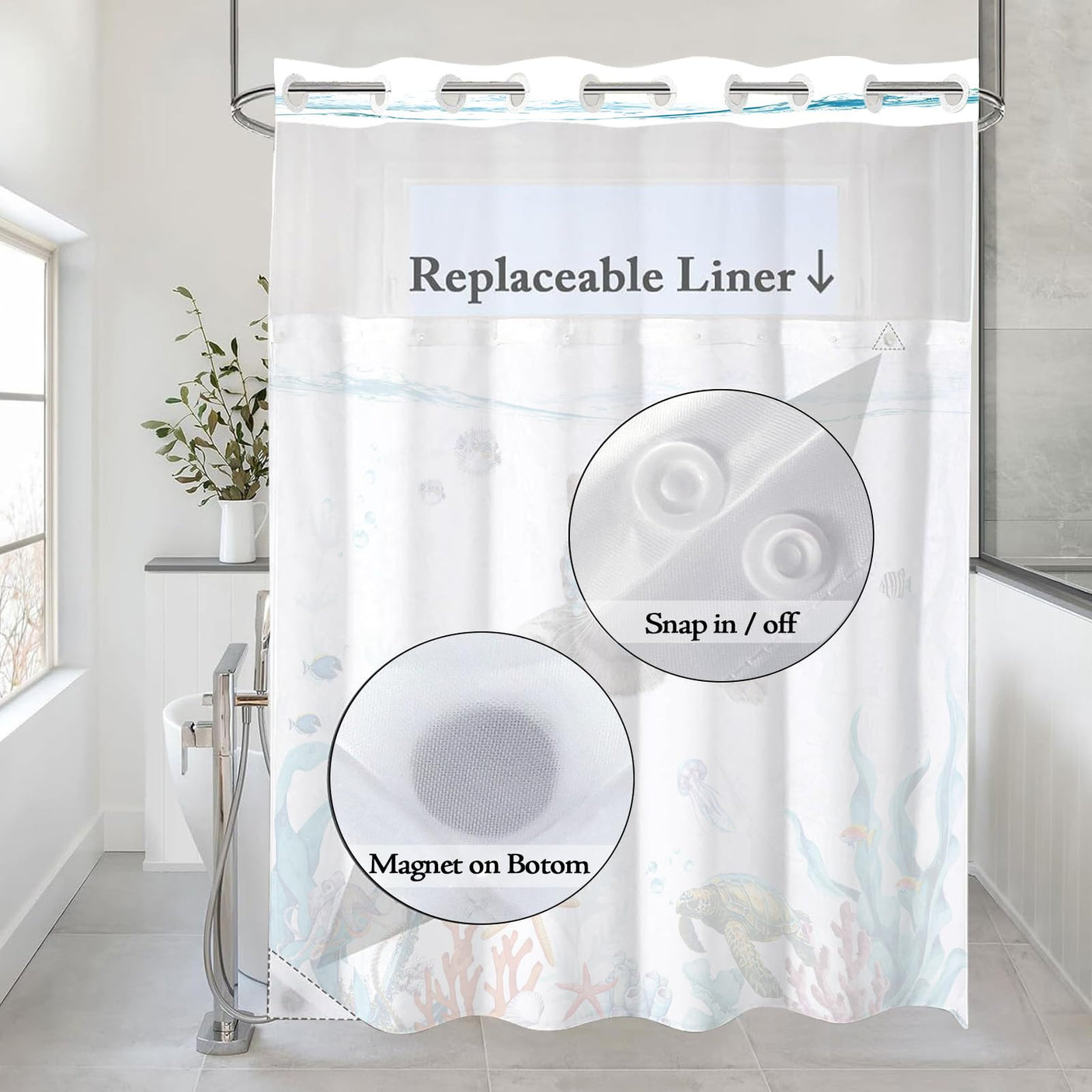 Fowocu Funny Cat Shower Curtain Set Teal Blue Sea Ocean Waterproof Fabric Shower Curtains with Animal Octopus Starfish Turtle Anchor Fish Nautical Bathroom Decor (Blue, 72''×72'')