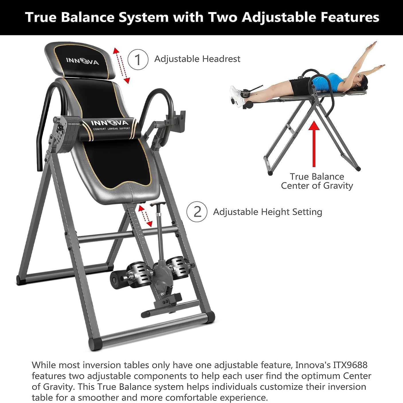 Innova Inversion Table with Adjustable Headrest, Reversible Ankle Holders, and 300 lb Weight Capacity