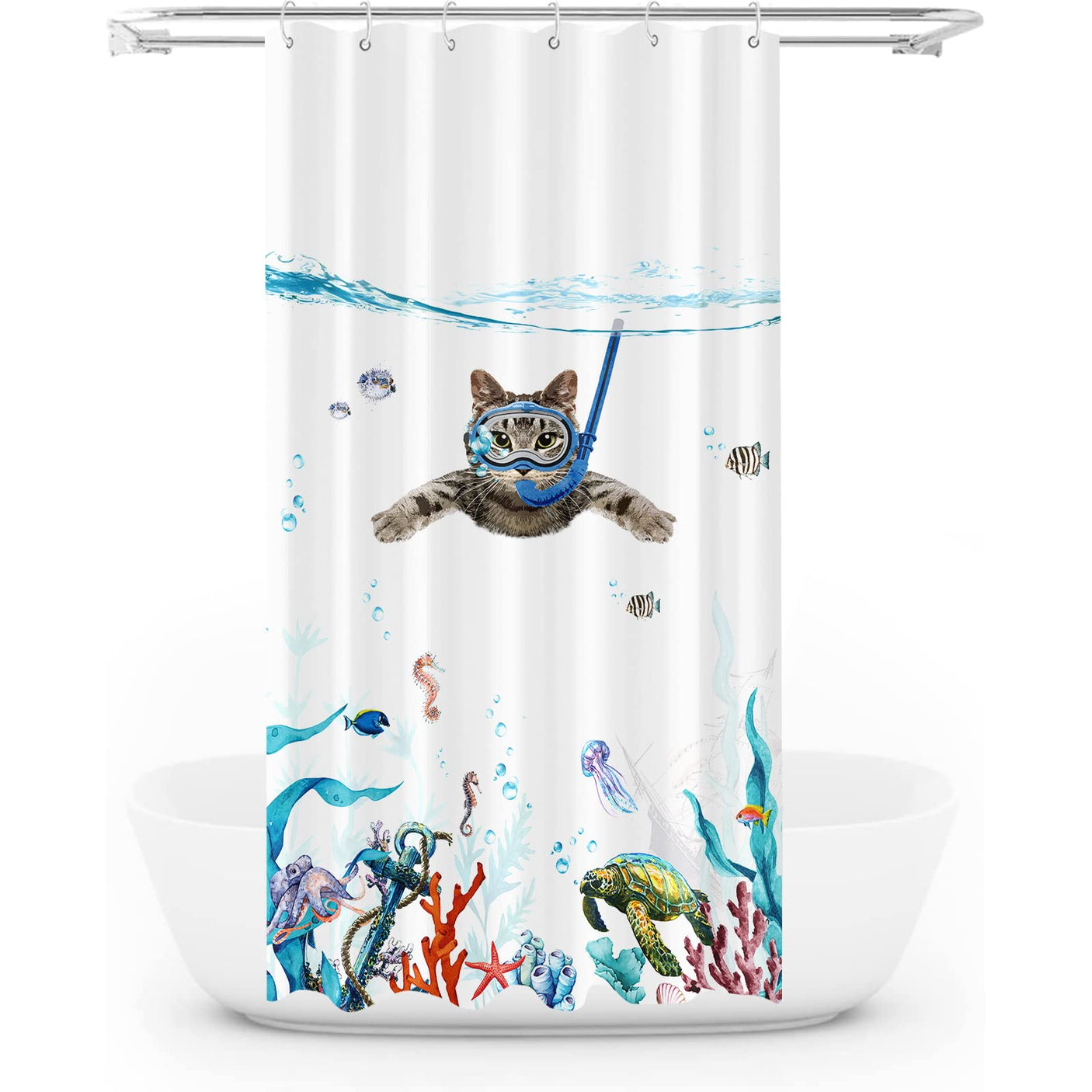 Fowocu Funny Cat Shower Curtain Set Teal Blue Sea Ocean Waterproof Fabric Shower Curtains with Animal Octopus Starfish Turtle Anchor Fish Nautical Bathroom Decor (Blue, 72''×72'')