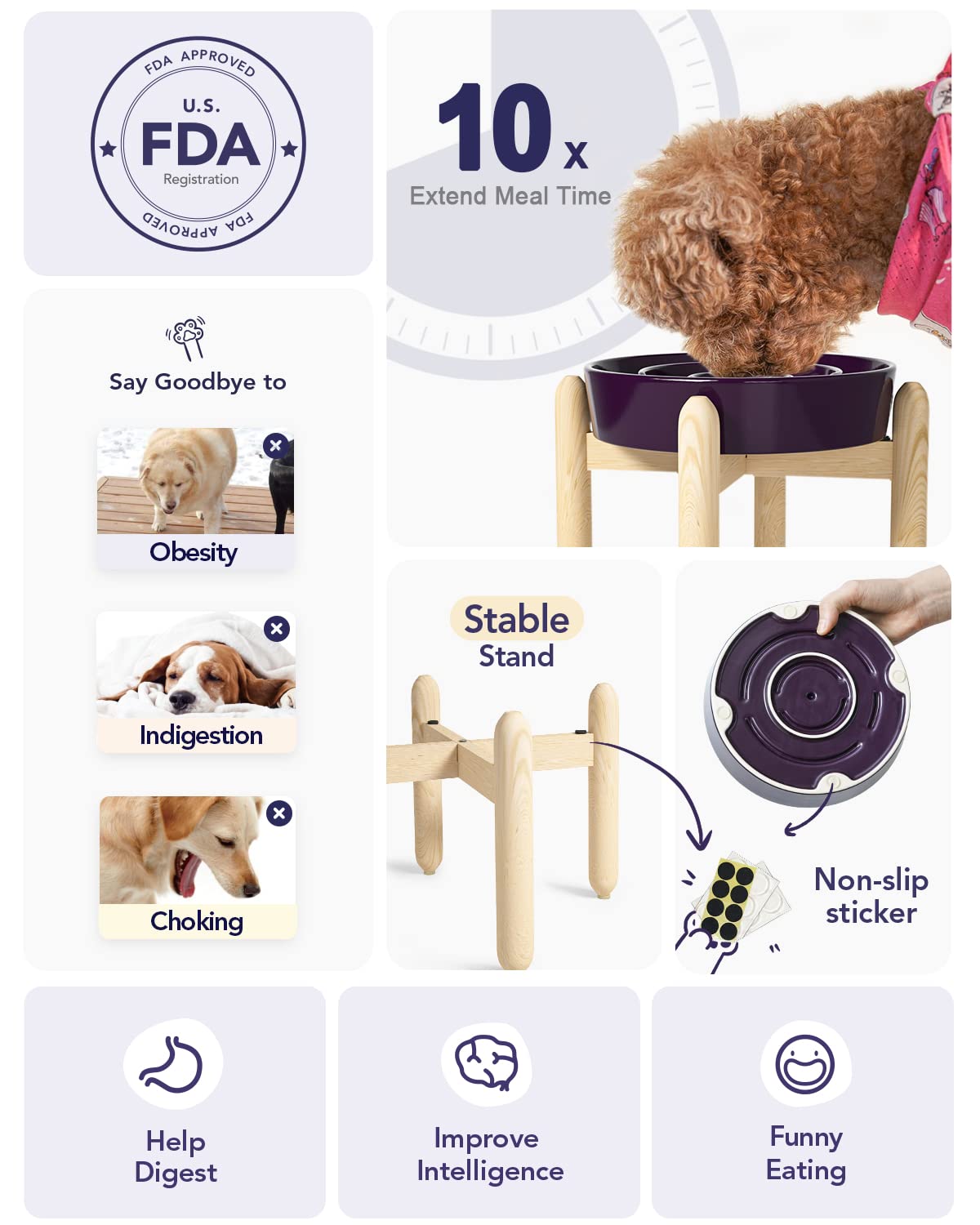 LE TAUCI Dog Bowls Slow Feeder Ceramic, 1.5 Cups Slow Feeding Dog Bowl Small Medium Breed, Puppy Slow Feeder Bowl for Fast Eater, Dog Dishes to Slow Down Eating, Puzzle Dog Food Bowl, Maze Purple