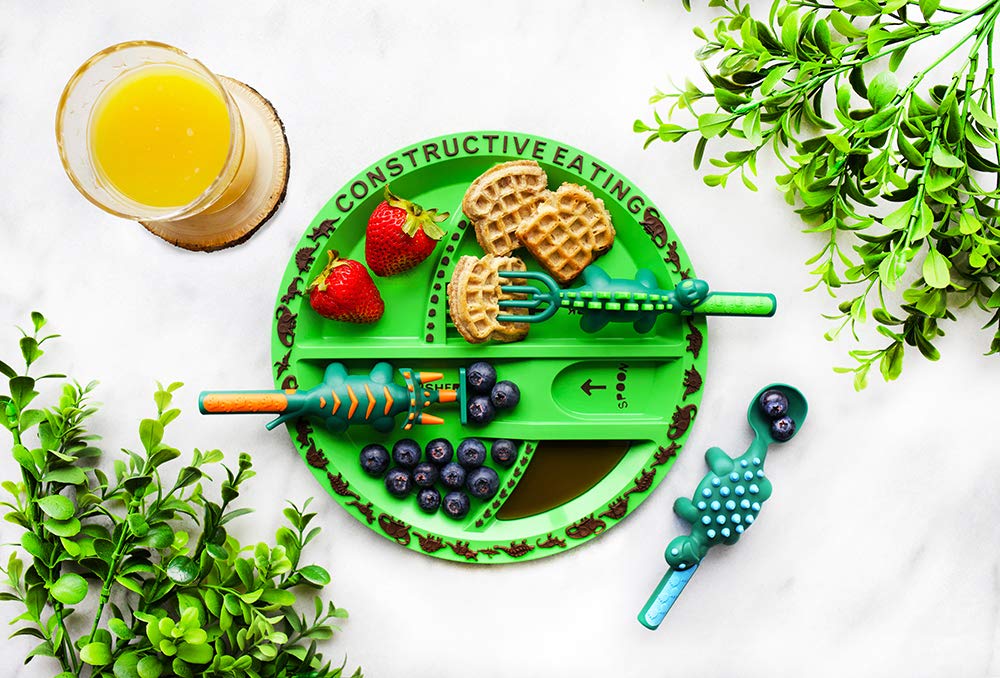 Constructive Eating Plate and Utensils Set - USA-Made Toddler Dinnerware with Divided Plates (Dinosaur)