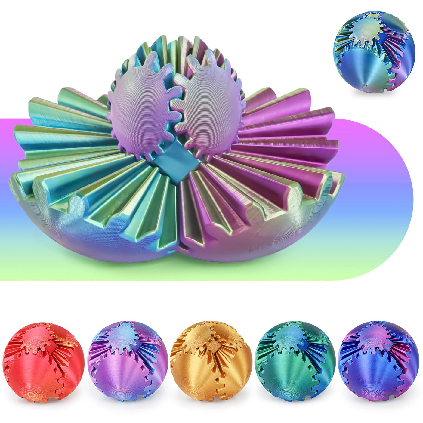 Gear Ball 3D Printed Cube Fidget Toy,Gear Sphere Fidget Toys,Sensory Toys for Stress and Anxiety Relief, Desk Toy Fidget Spinners,Stocking Stuffers for Adults & Kids Gift(Blue Green, 3.1 Inch)