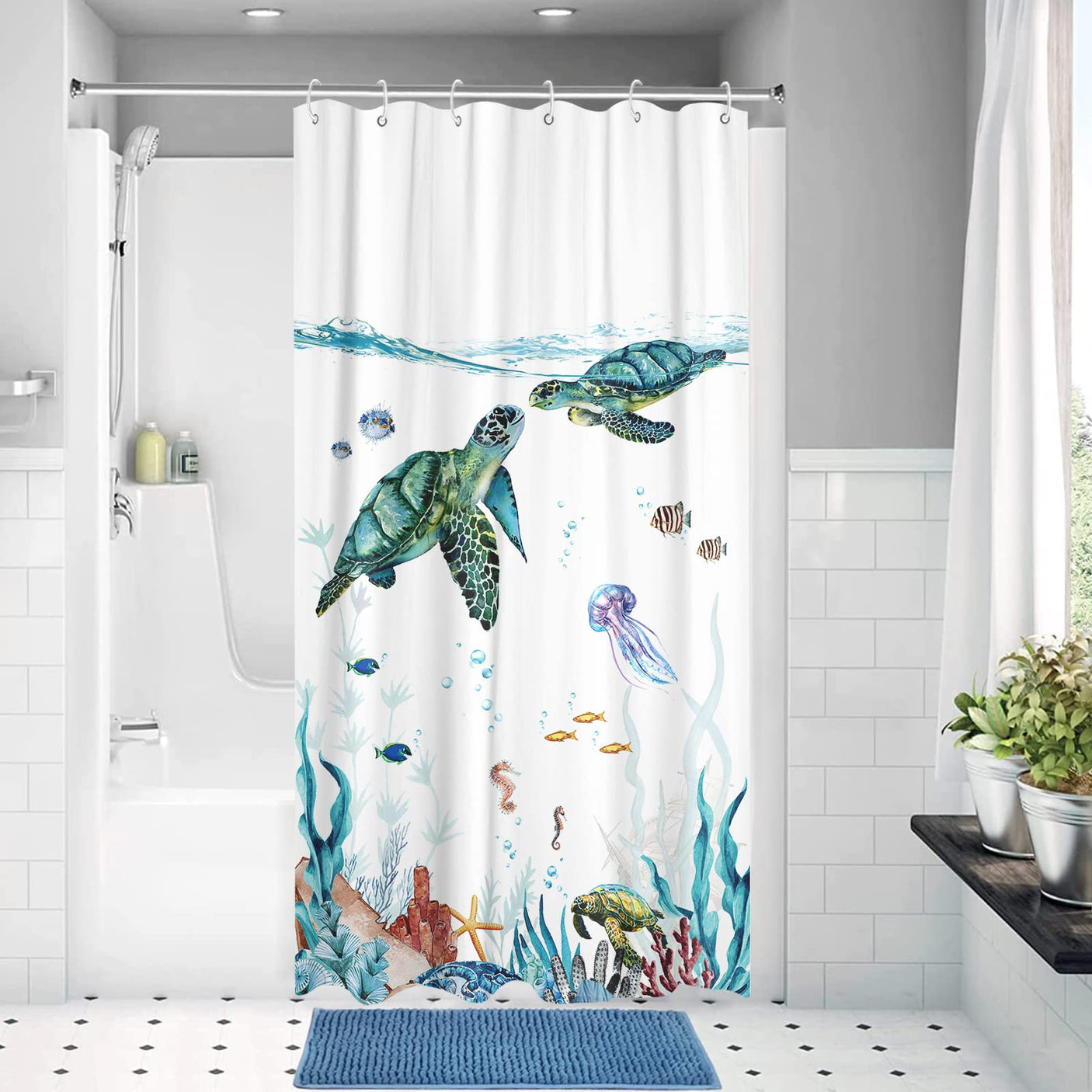 Fowocu Funny Cat Shower Curtain Set Teal Blue Sea Ocean Waterproof Fabric Shower Curtains with Animal Octopus Starfish Turtle Anchor Fish Nautical Bathroom Decor (Blue, 72''×72'')