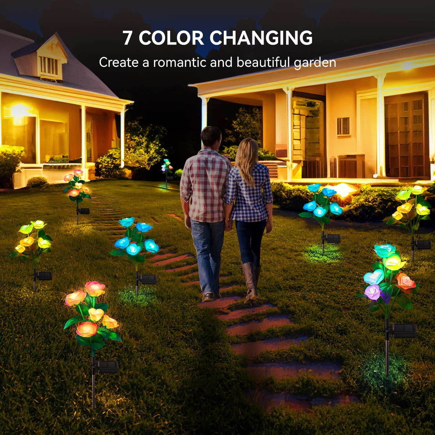 Solar Garden Lights Outdoor, 4 Pack Solar Light Outdoor with 20 Rose Flowers, Waterproof 7 Color Changing Solar Powered Flowers Lights for Outside Patio Yard Pathway