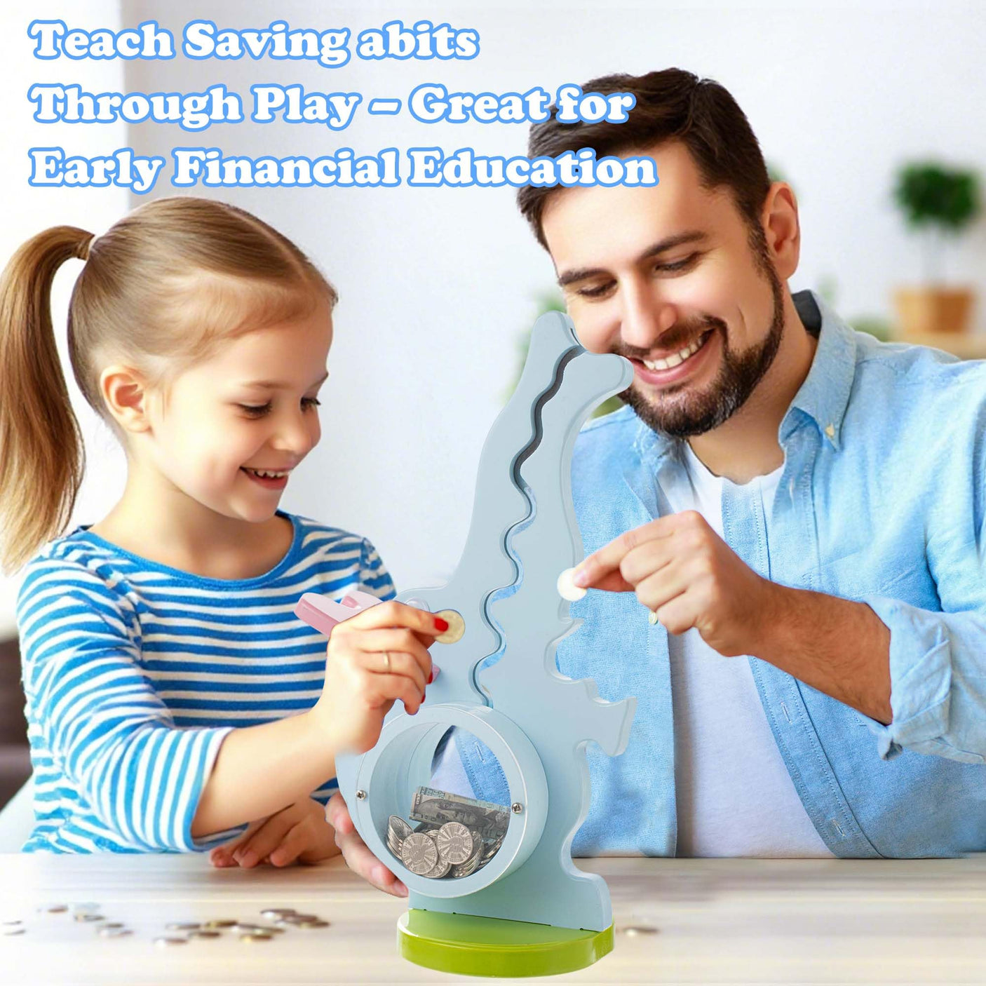 Wooden Dinosaur Piggy Bank Boalord for Boys Kids Girls Clear Big Belly Animal Coin Bank for Toddler Real Money Toy(Dino-Blue)