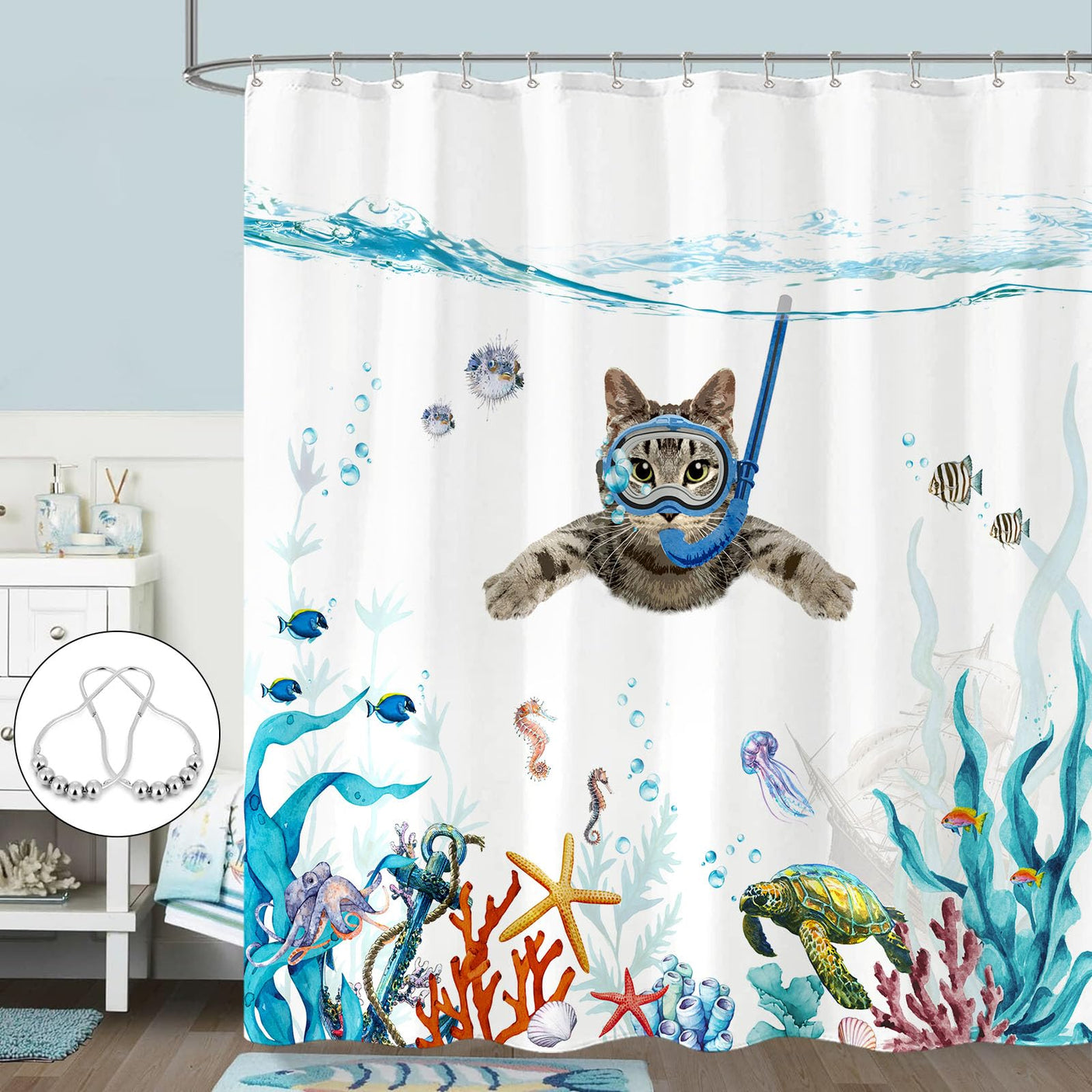 Fowocu Funny Cat Shower Curtain Set Teal Blue Sea Ocean Waterproof Fabric Shower Curtains with Animal Octopus Starfish Turtle Anchor Fish Nautical Bathroom Decor (Blue, 72''×72'')